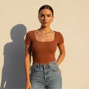 Abercrombie & Fitch Ribbed Square-Neck Bodysuit - Rust Brown - XS